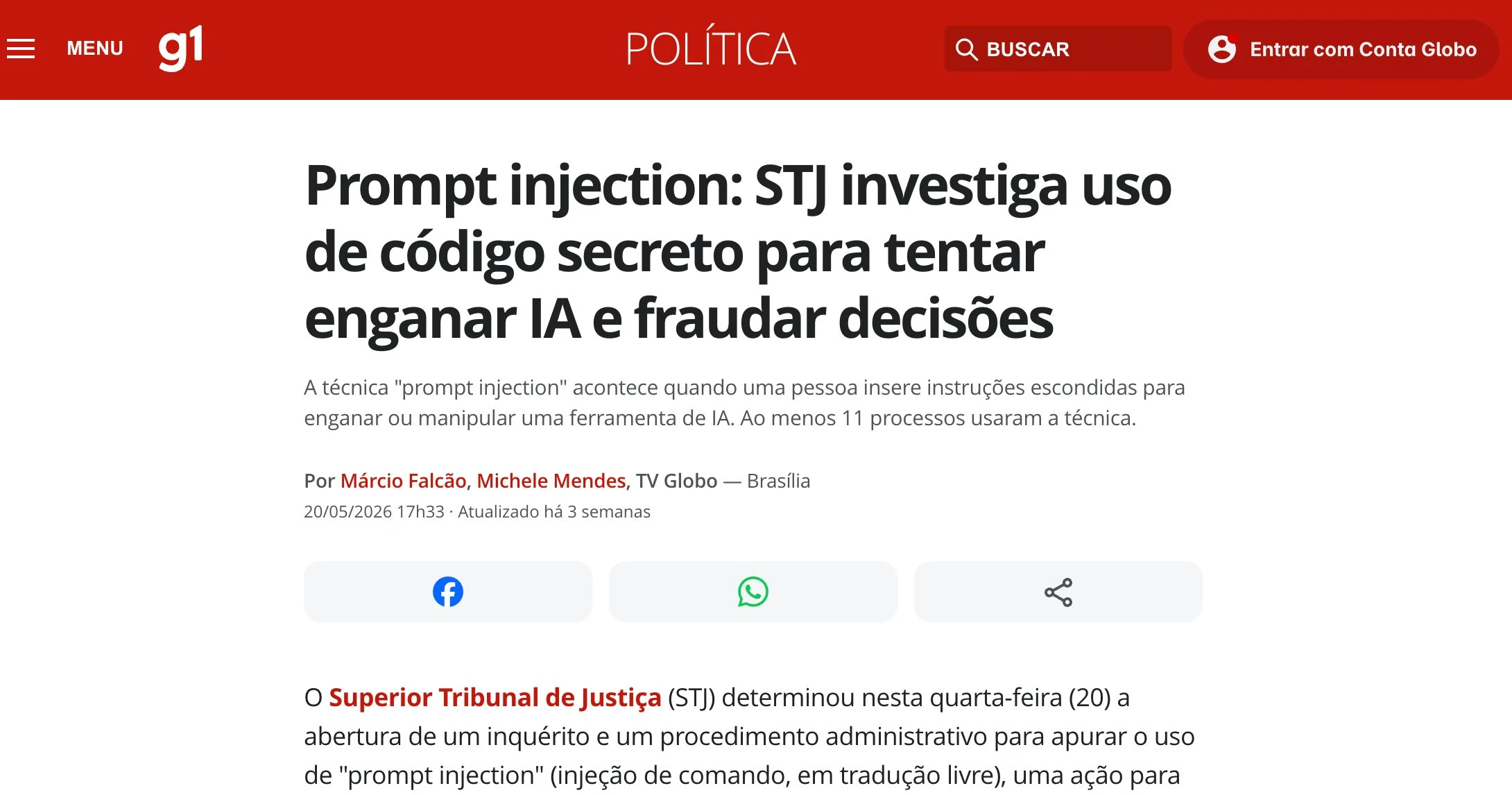 g1: "Prompt injection: STJ investiga uso de código secreto para tentar enganar IA e fraudar decisões"