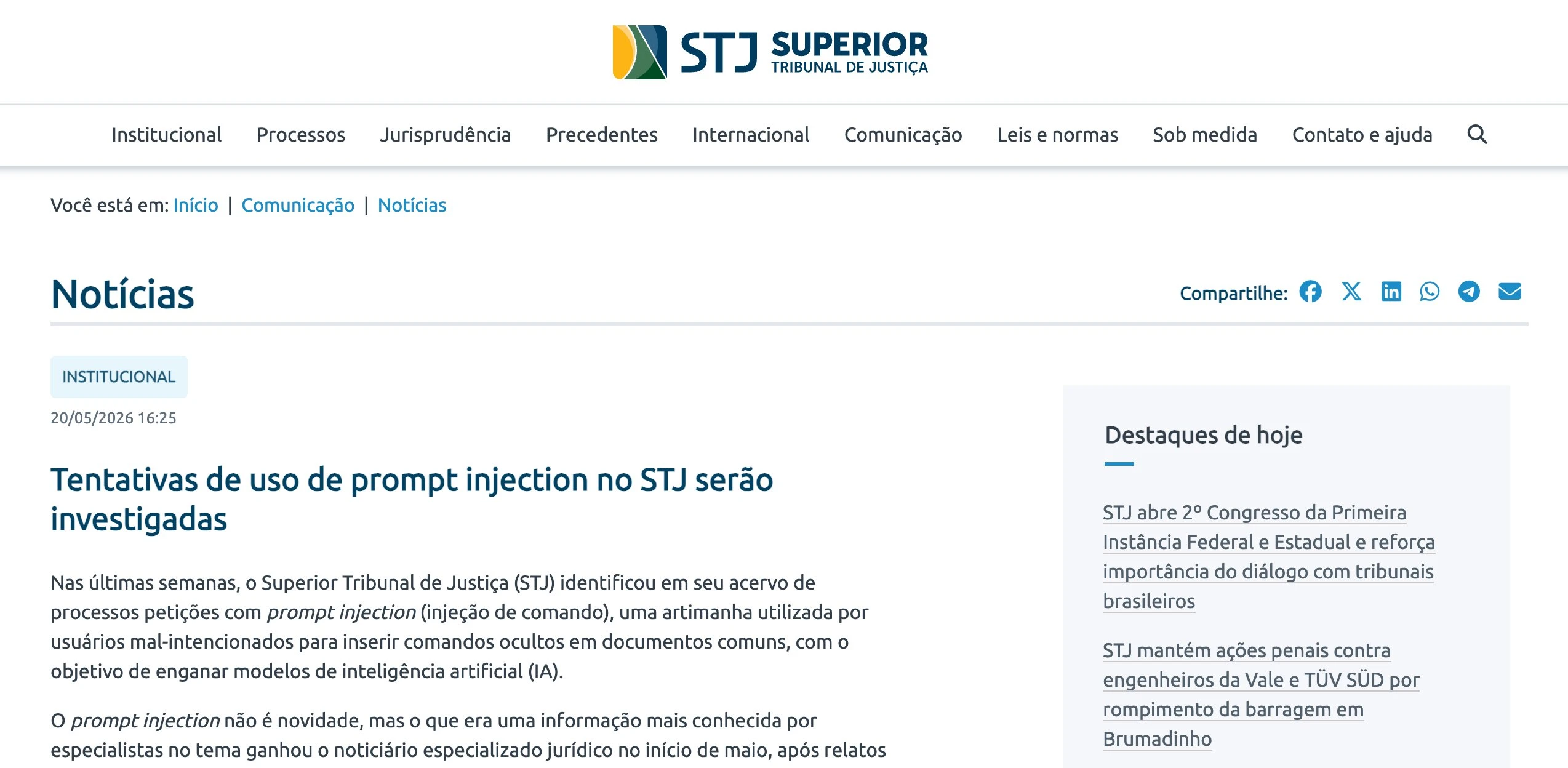 Portal do STJ: "Tentativas de uso de prompt injection no STJ serão investigadas"